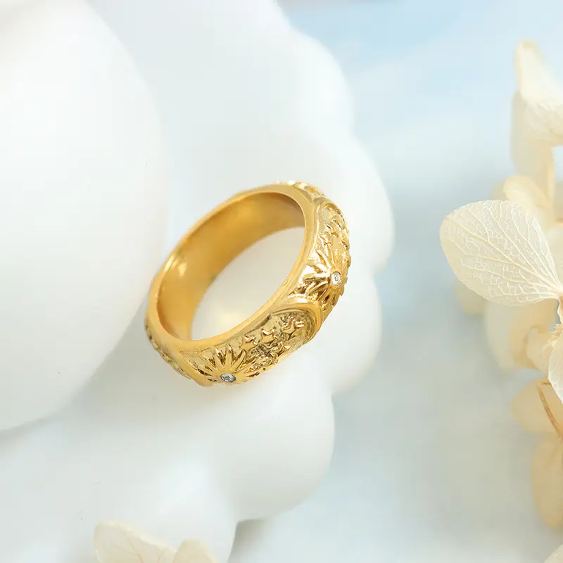 Ethnic Style 316L Stainless Steel Rings For Women 18k Gold Plated Waterproof Fadeless Relief Pattern Women's Ring Woman Jewelry