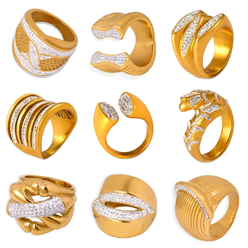 Women's Stainless Steel Gold Plated Ring Inlaid Zircon Waterproof Golden Rings For Women Geometric High-End Luxury Woman Jewelry
