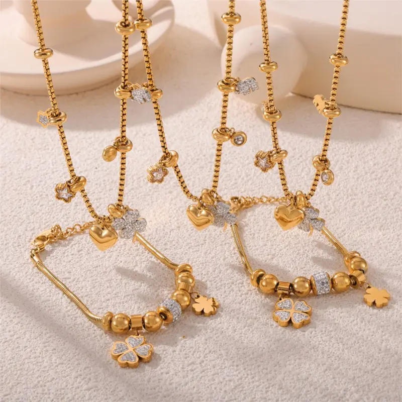 Clover Pendant Necklace Bracelet Set For Women Gold Color Elegant Girls Necklaces Bracelets Women's Stainless Steel Jewelry Sets