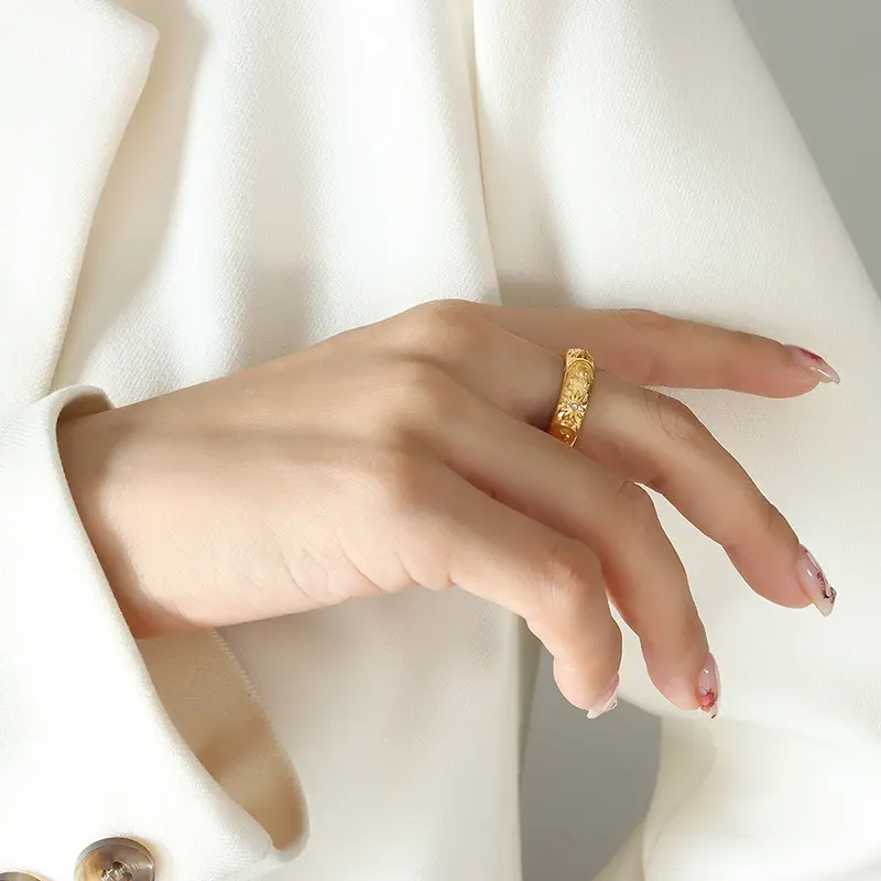 Ethnic Style 316L Stainless Steel Rings For Women 18k Gold Plated Waterproof Fadeless Relief Pattern Women's Ring Woman Jewelry