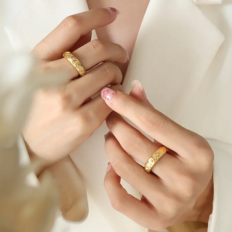 Ethnic Style 316L Stainless Steel Rings For Women 18k Gold Plated Waterproof Fadeless Relief Pattern Women's Ring Woman Jewelry