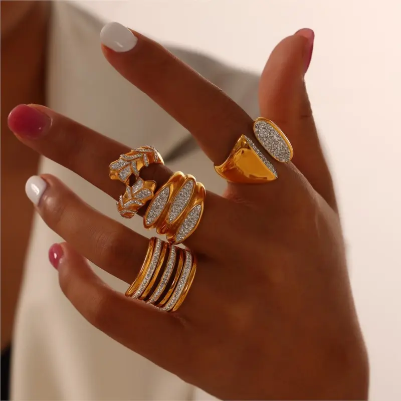 Women's Stainless Steel Gold Plated Ring Inlaid Zircon Waterproof Golden Rings For Women Geometric High-End Luxury Woman Jewelry