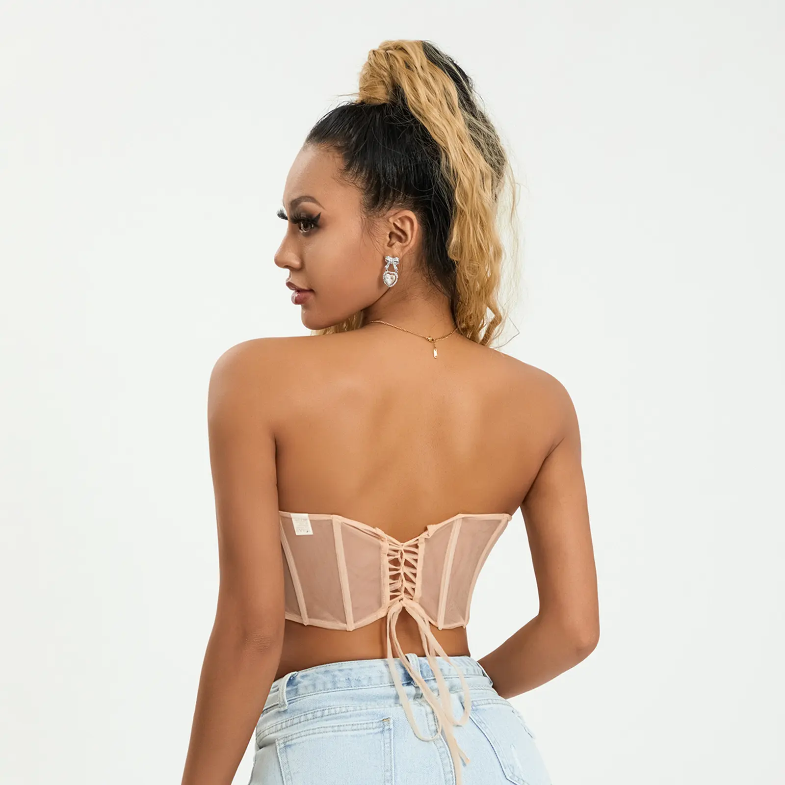 Combhasaki Women's Strapless Backless Lace-up Bandage Pleated Shell Bra Shapewear Irregular Hem Summer Perspective Corset Vest