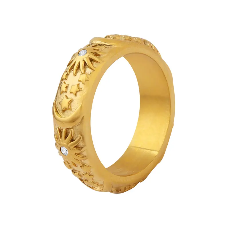 Ethnic Style 316L Stainless Steel Rings For Women 18k Gold Plated Waterproof Fadeless Relief Pattern Women's Ring Woman Jewelry