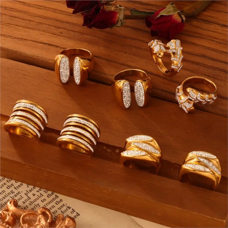 Women's Stainless Steel Gold Plated Ring Inlaid Zircon Waterproof Golden Rings For Women Geometric High-End Luxury Woman Jewelry