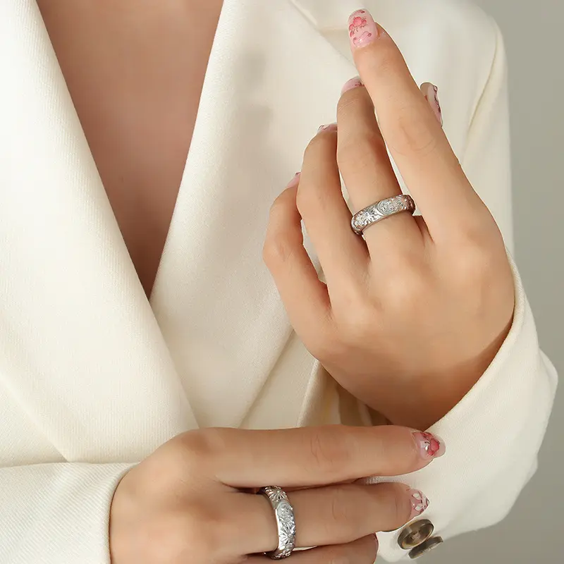 Ethnic Style 316L Stainless Steel Rings For Women 18k Gold Plated Waterproof Fadeless Relief Pattern Women's Ring Woman Jewelry