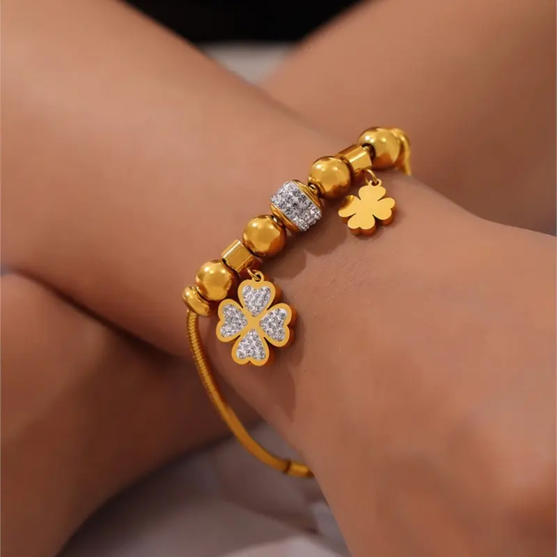Clover Pendant Necklace Bracelet Set For Women Gold Color Elegant Girls Necklaces Bracelets Women's Stainless Steel Jewelry Sets