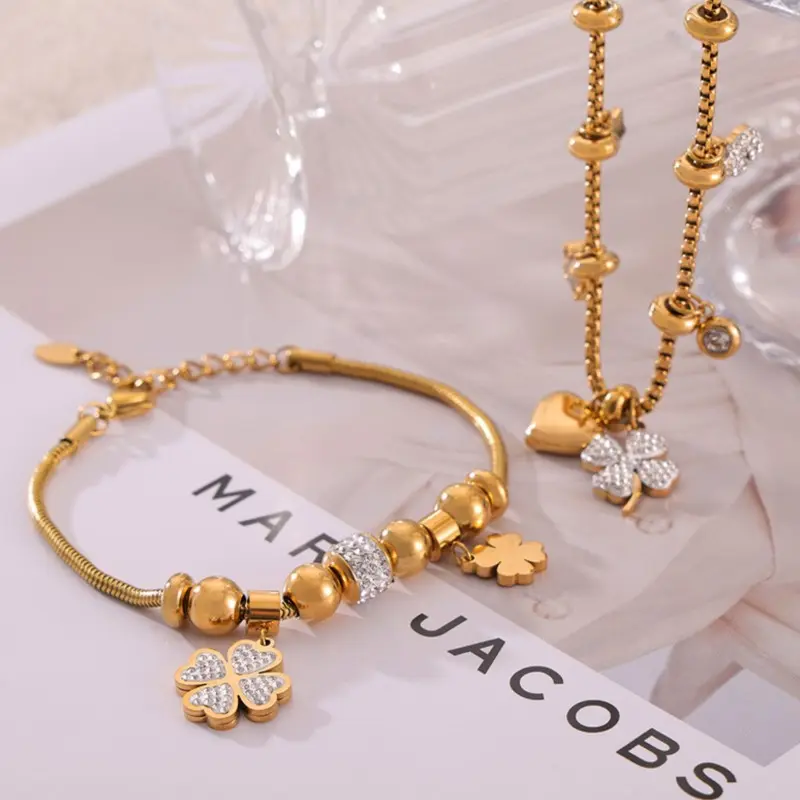 Clover Pendant Necklace Bracelet Set For Women Gold Color Elegant Girls Necklaces Bracelets Women's Stainless Steel Jewelry Sets