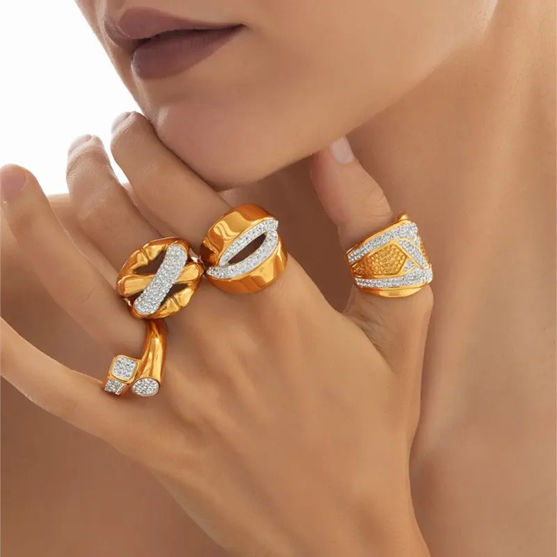 Women's Stainless Steel Gold Plated Ring Inlaid Zircon Waterproof Golden Rings For Women Geometric High-End Luxury Woman Jewelry