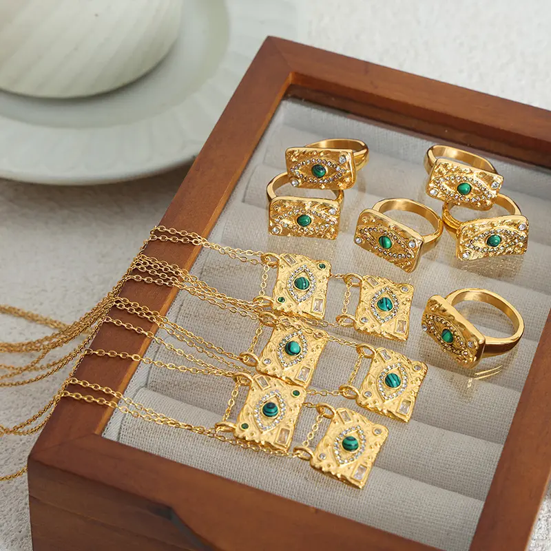 Trendy Geometric Gold Color Necklace Ring Jewelry Set for Women Girls Vintage Accesories
