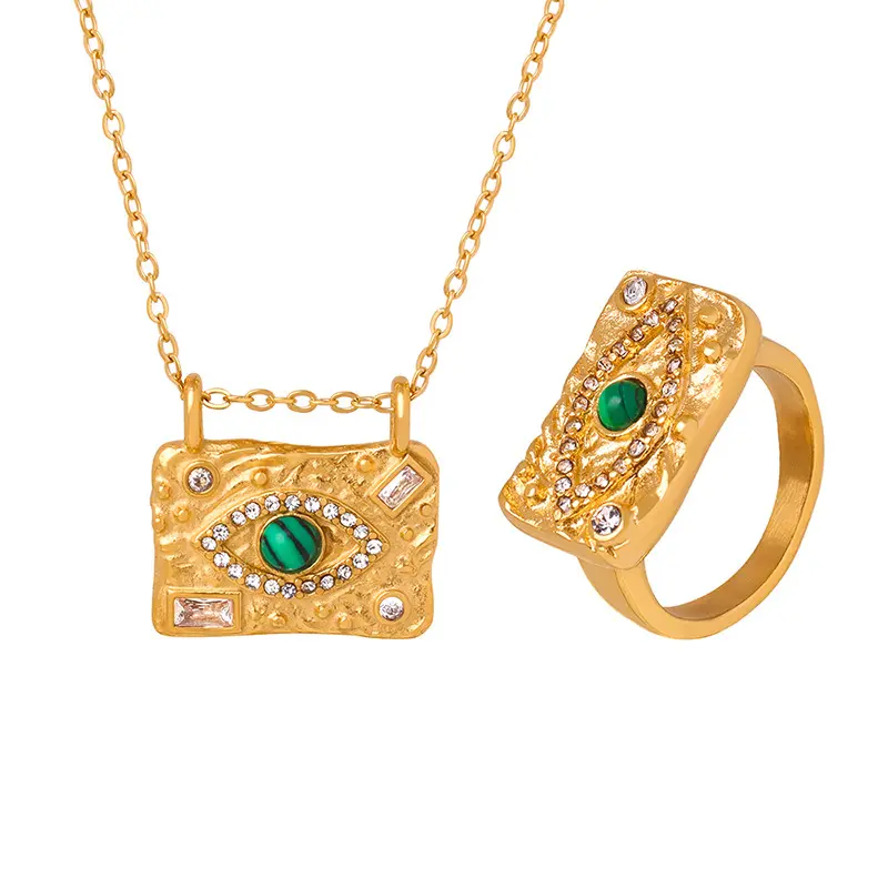 Trendy Geometric Gold Color Necklace Ring Jewelry Set for Women Girls Vintage Accesories