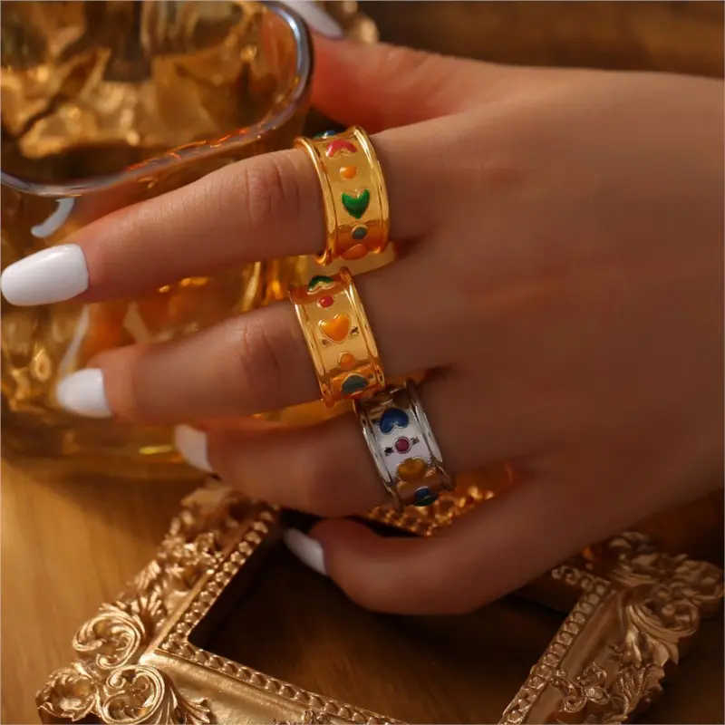 Bohemia Colorful Enamel Heart Stainless Steel Rings For Women Gold Plated Waterproof Women's Wide Surface Finger Ring Girls Gift