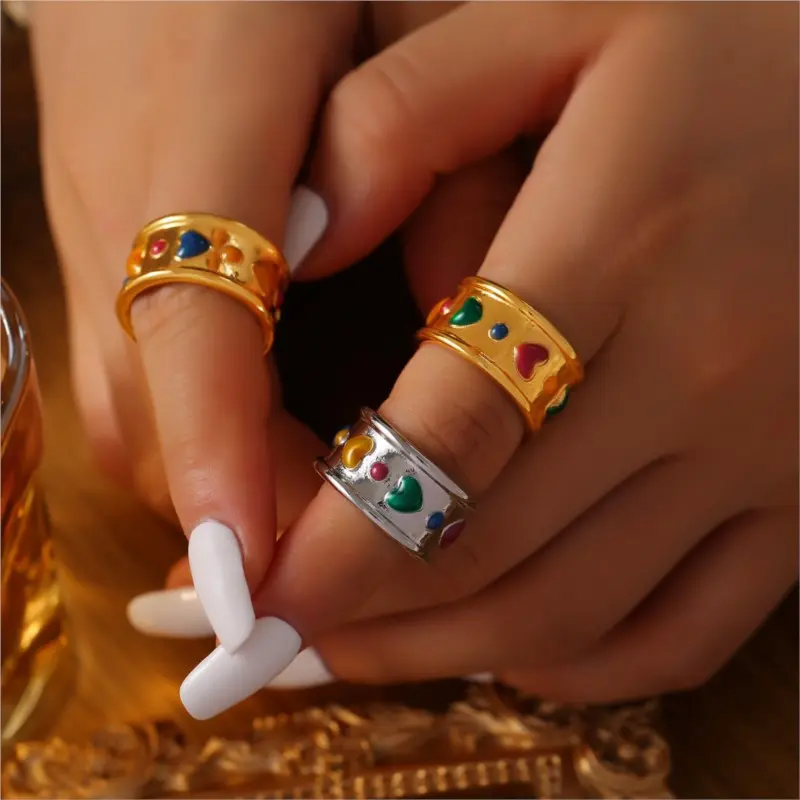 Bohemia Colorful Enamel Heart Stainless Steel Rings For Women Gold Plated Waterproof Women's Wide Surface Finger Ring Girls Gift