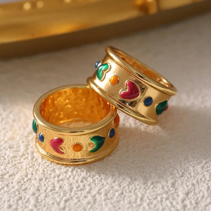 Bohemia Colorful Enamel Heart Stainless Steel Rings For Women Gold Plated Waterproof Women's Wide Surface Finger Ring Girls Gift