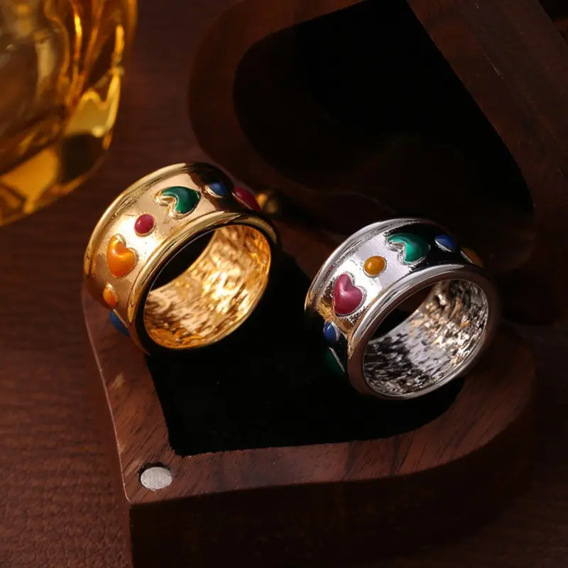 Bohemia Colorful Enamel Heart Stainless Steel Rings For Women Gold Plated Waterproof Women's Wide Surface Finger Ring Girls Gift