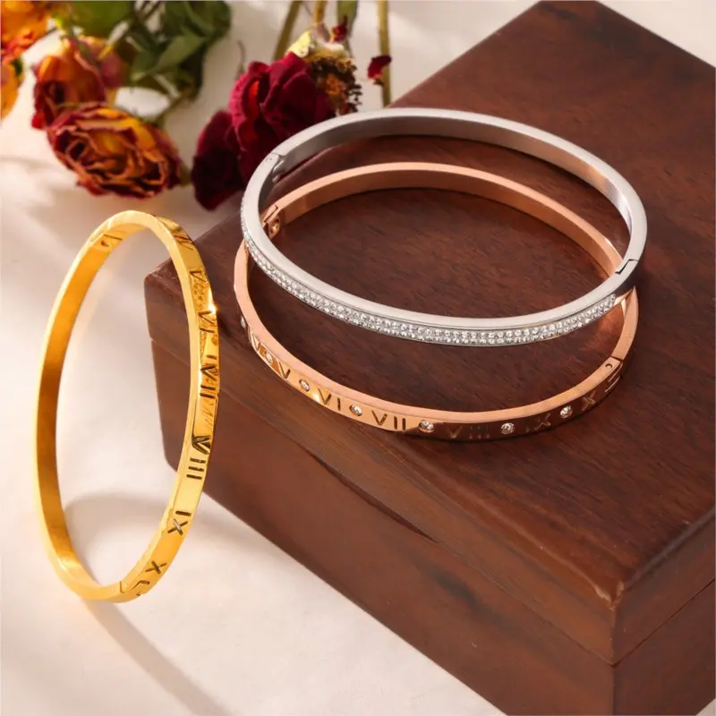 Stainless Steel 18K Gold Plated Bracelets Bangles For Women Men Roman Numerals Women's Men's Bracelet Bangle Couple Jewelry Gift