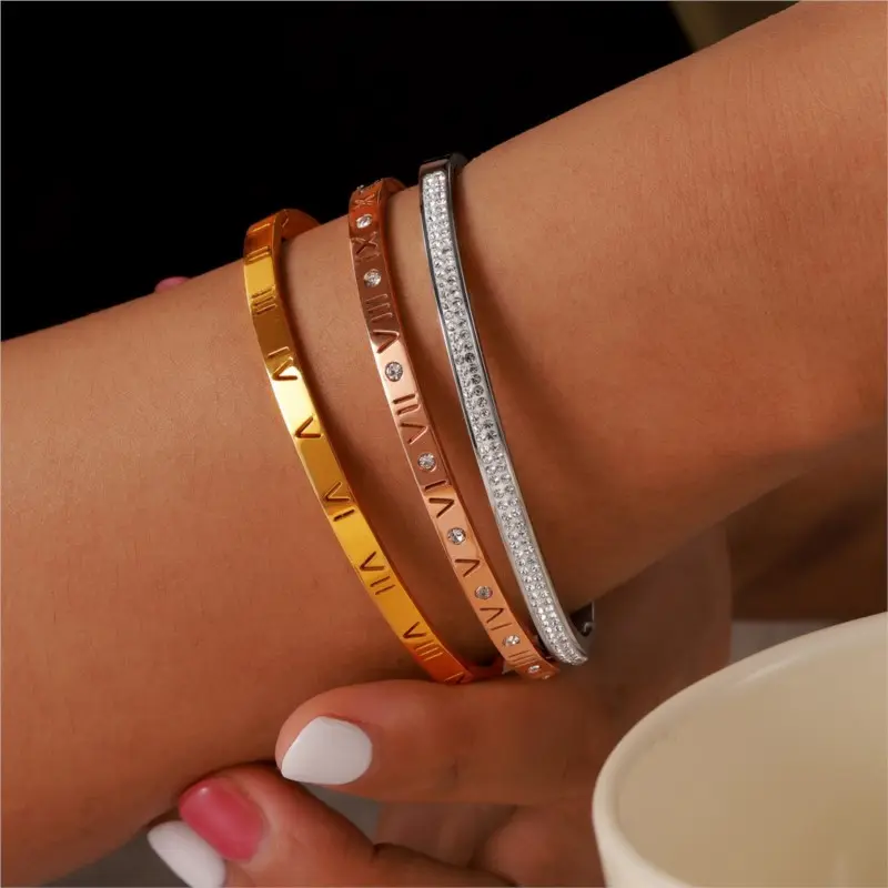 Stainless Steel 18K Gold Plated Bracelets Bangles For Women Men Roman Numerals Women's Men's Bracelet Bangle Couple Jewelry Gift