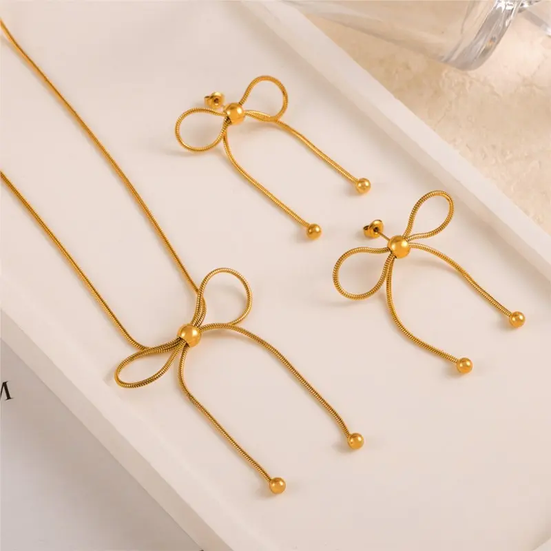 Women's Bowknot Pendant Necklace Earrings Sets Stainless Steel Gold Plated Waterproof Neck Chain Necklaces Earring Set For Women