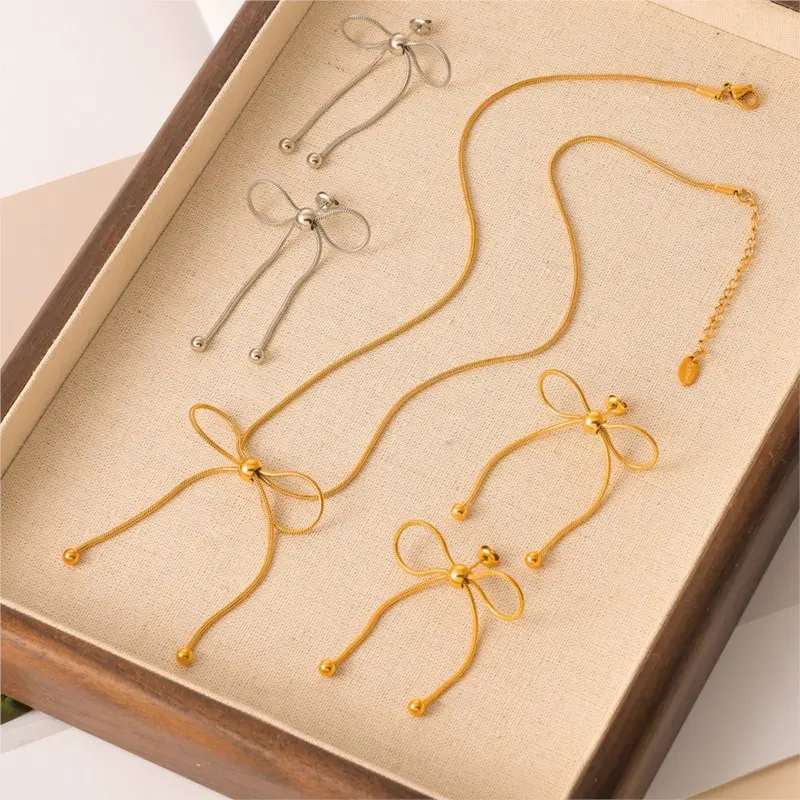 Women's Bowknot Pendant Necklace Earrings Sets Stainless Steel Gold Plated Waterproof Neck Chain Necklaces Earring Set For Women