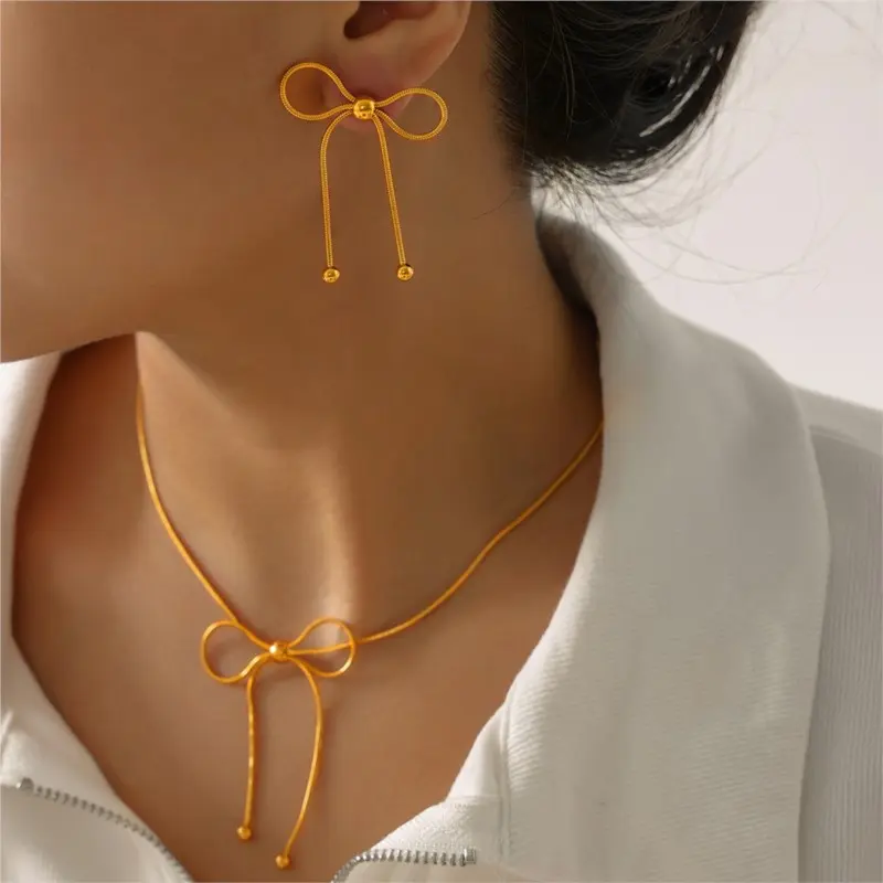 Women's Bowknot Pendant Necklace Earrings Sets Stainless Steel Gold Plated Waterproof Neck Chain Necklaces Earring Set For Women