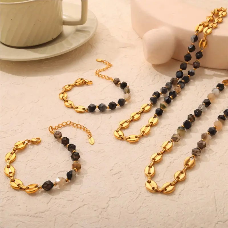 Natural Stone Beads Joint Stainless Steel Necklace Bracelet For Women Gold Color Necklaces Bangle Women's Elegant Jewelry Sets