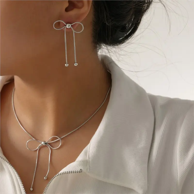 Women's Bowknot Pendant Necklace Earrings Sets Stainless Steel Gold Plated Waterproof Neck Chain Necklaces Earring Set For Women