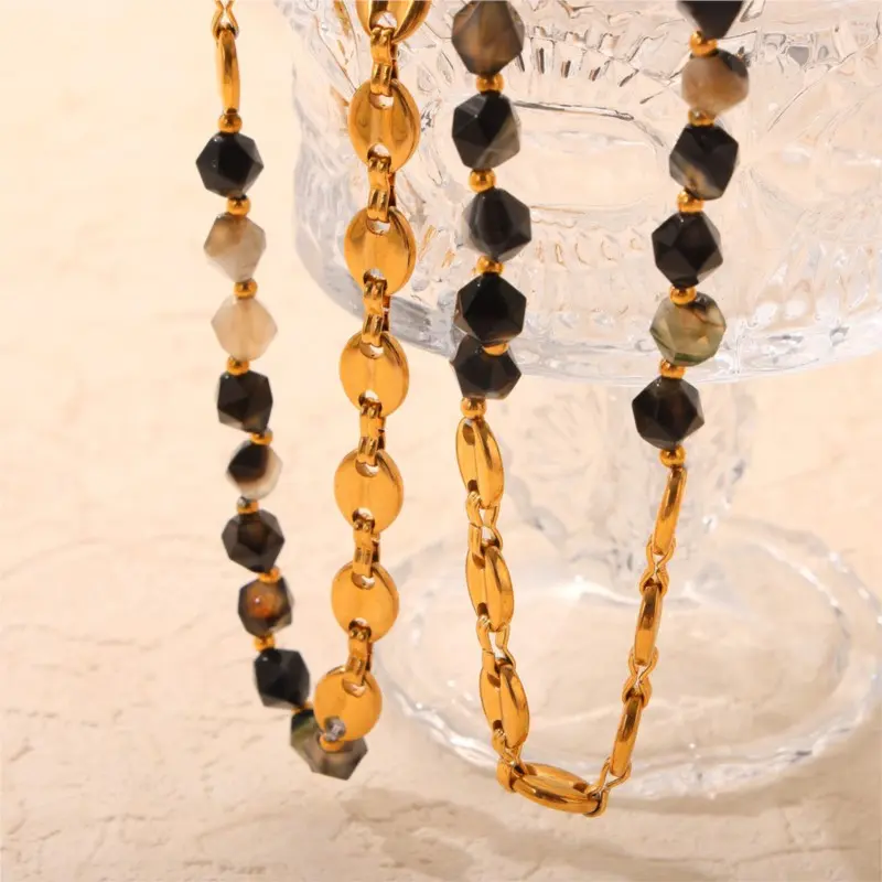Natural Stone Beads Joint Stainless Steel Necklace Bracelet For Women Gold Color Necklaces Bangle Women's Elegant Jewelry Sets