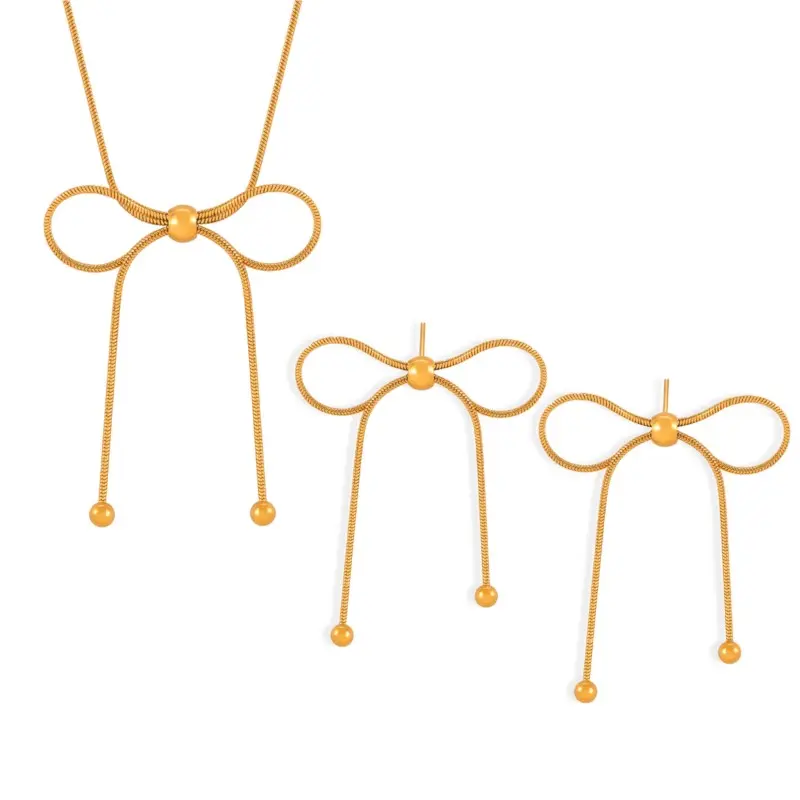 Women's Bowknot Pendant Necklace Earrings Sets Stainless Steel Gold Plated Waterproof Neck Chain Necklaces Earring Set For Women