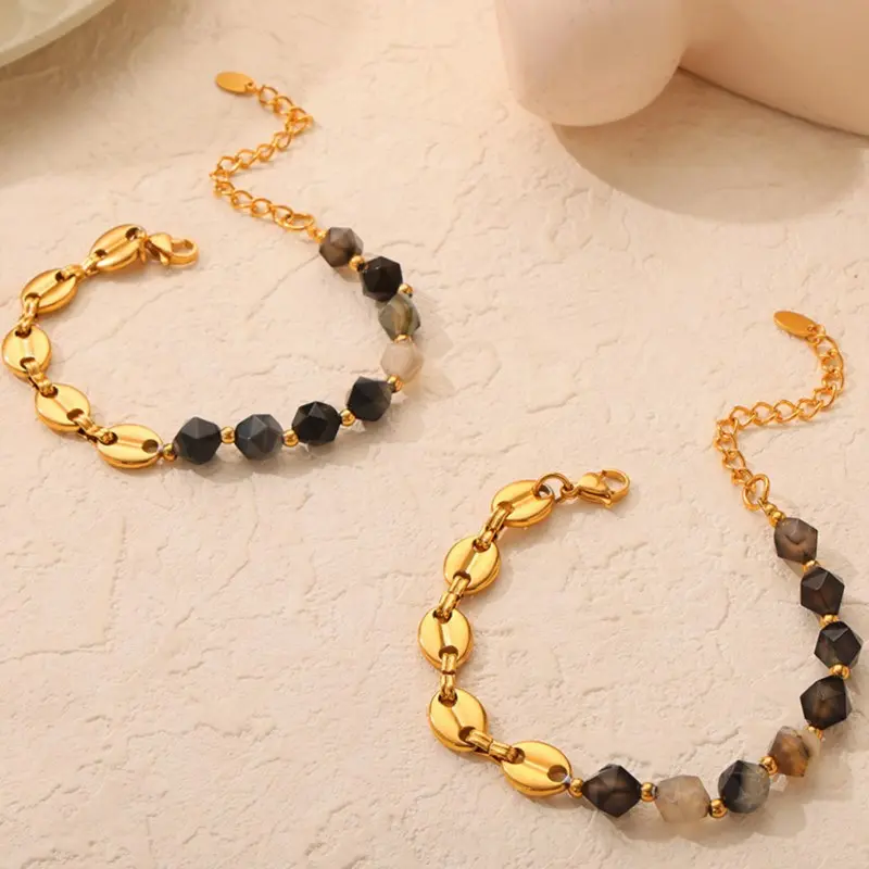 Natural Stone Beads Joint Stainless Steel Necklace Bracelet For Women Gold Color Necklaces Bangle Women's Elegant Jewelry Sets