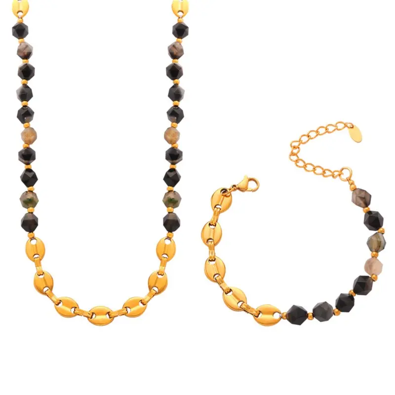 Natural Stone Beads Joint Stainless Steel Necklace Bracelet For Women Gold Color Necklaces Bangle Women's Elegant Jewelry Sets