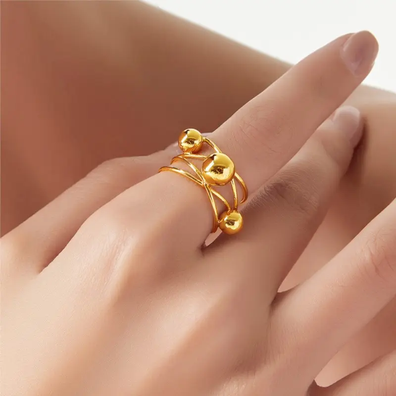 Non Fading Women's Ring With Metal Beads Copper Gold Plated Cross Multi Layer Rings For Women Fashion Simple Girl's Finger Ring