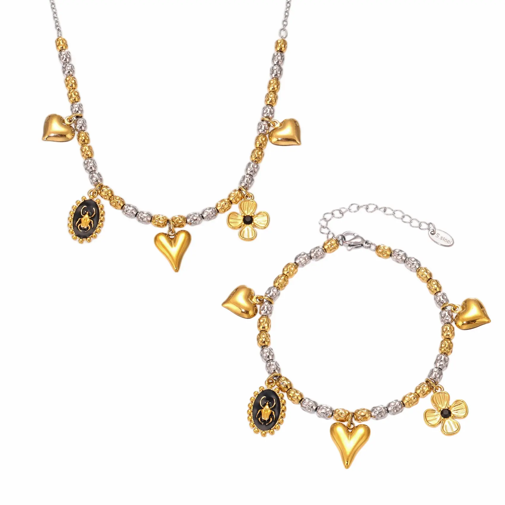Heart And Flower Charms Necklace Bracelet In Stainless Steel 18k Gold Plated Beaded Necklaces Bracelets Jewelry Set For Women