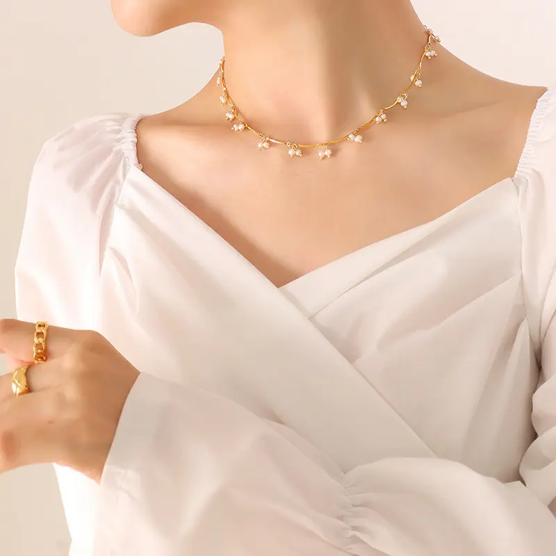 Multi Freshwater Pearl Charms Necklace In Stainless Steel With 18k Gold Plated Non Tarnish Short Necklace Choker For Women