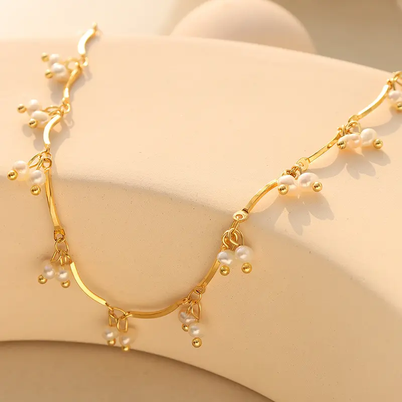 Multi Freshwater Pearl Charms Necklace In Stainless Steel With 18k Gold Plated Non Tarnish Short Necklace Choker For Women
