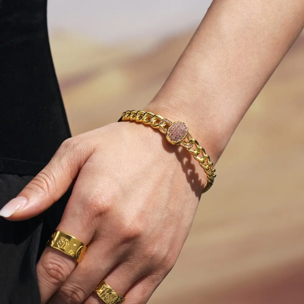 Openable Chain Shape Bracelet Bangle In Stainless Steel 18k Gold Plated Inlaid Shiny Pink Zircon Bracelets Bangles For Women