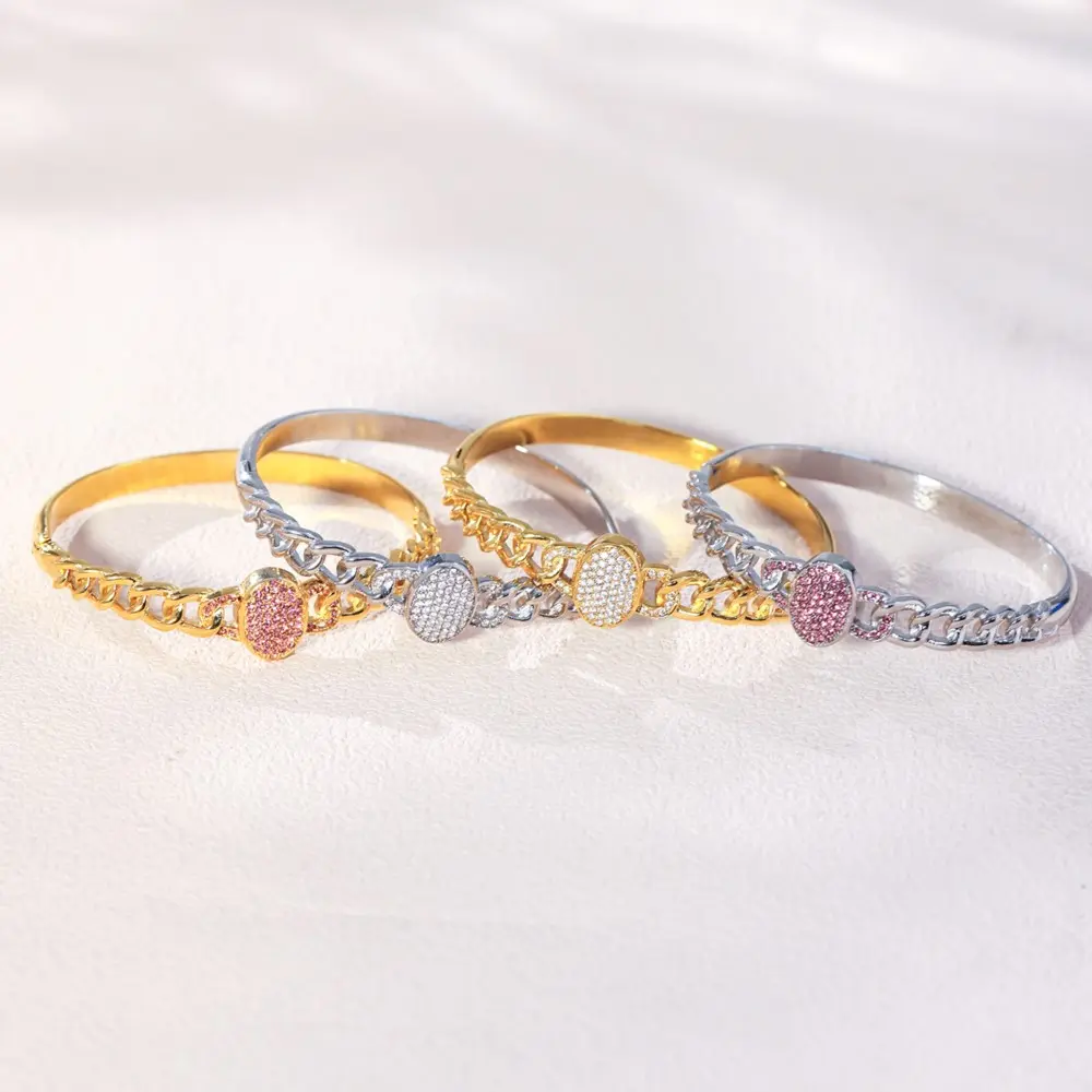 Openable Chain Shape Bracelet Bangle In Stainless Steel 18k Gold Plated Inlaid Shiny Pink Zircon Bracelets Bangles For Women