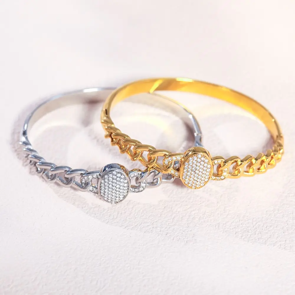 Openable Chain Shape Bracelet Bangle In Stainless Steel 18k Gold Plated Inlaid Shiny Pink Zircon Bracelets Bangles For Women