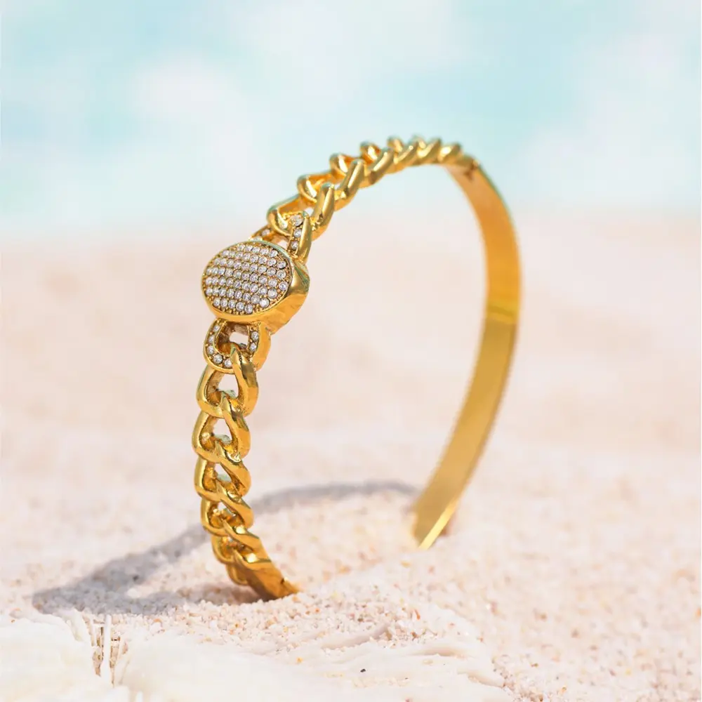 Openable Chain Shape Bracelet Bangle In Stainless Steel 18k Gold Plated Inlaid Shiny Pink Zircon Bracelets Bangles For Women
