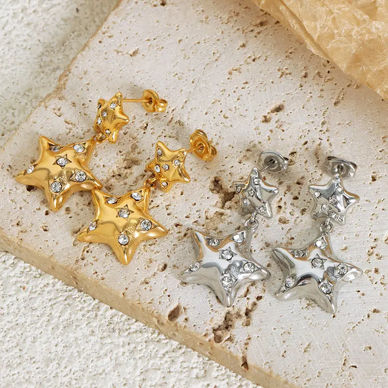 Luxury Full Rhinestone Pentagram Pendant Earrings For Women Exaggerated Double Layer Star Earrings Birthday Party Jewelry