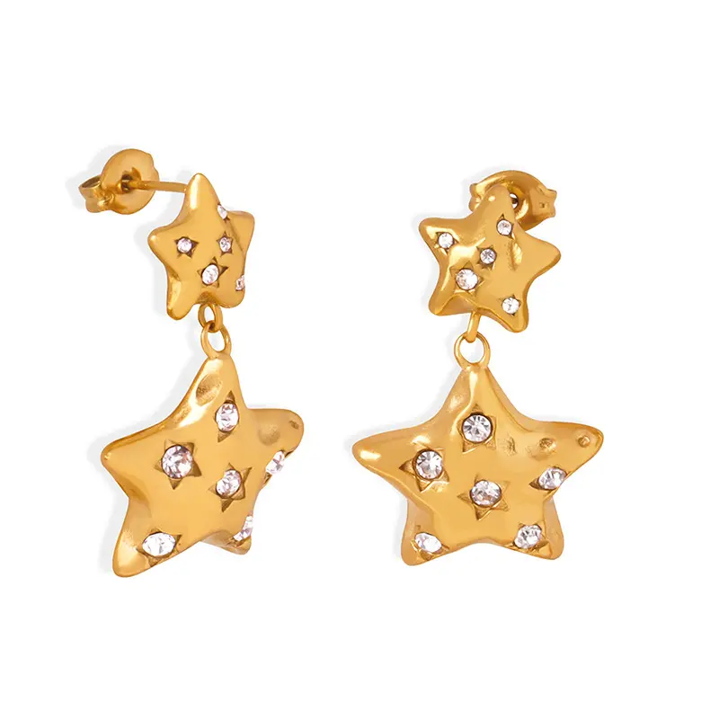Luxury Full Rhinestone Pentagram Pendant Earrings For Women Exaggerated Double Layer Star Earrings Birthday Party Jewelry