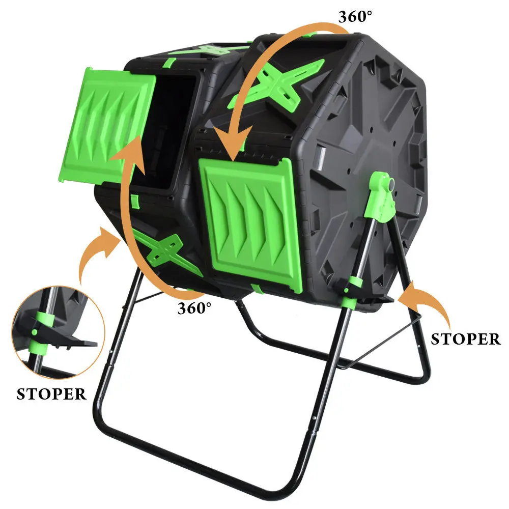 Easily Assembled 35 Gallons Rotating Batch Compost Bin Outdoor Large Garden Dual Chamber Compost Tumbler