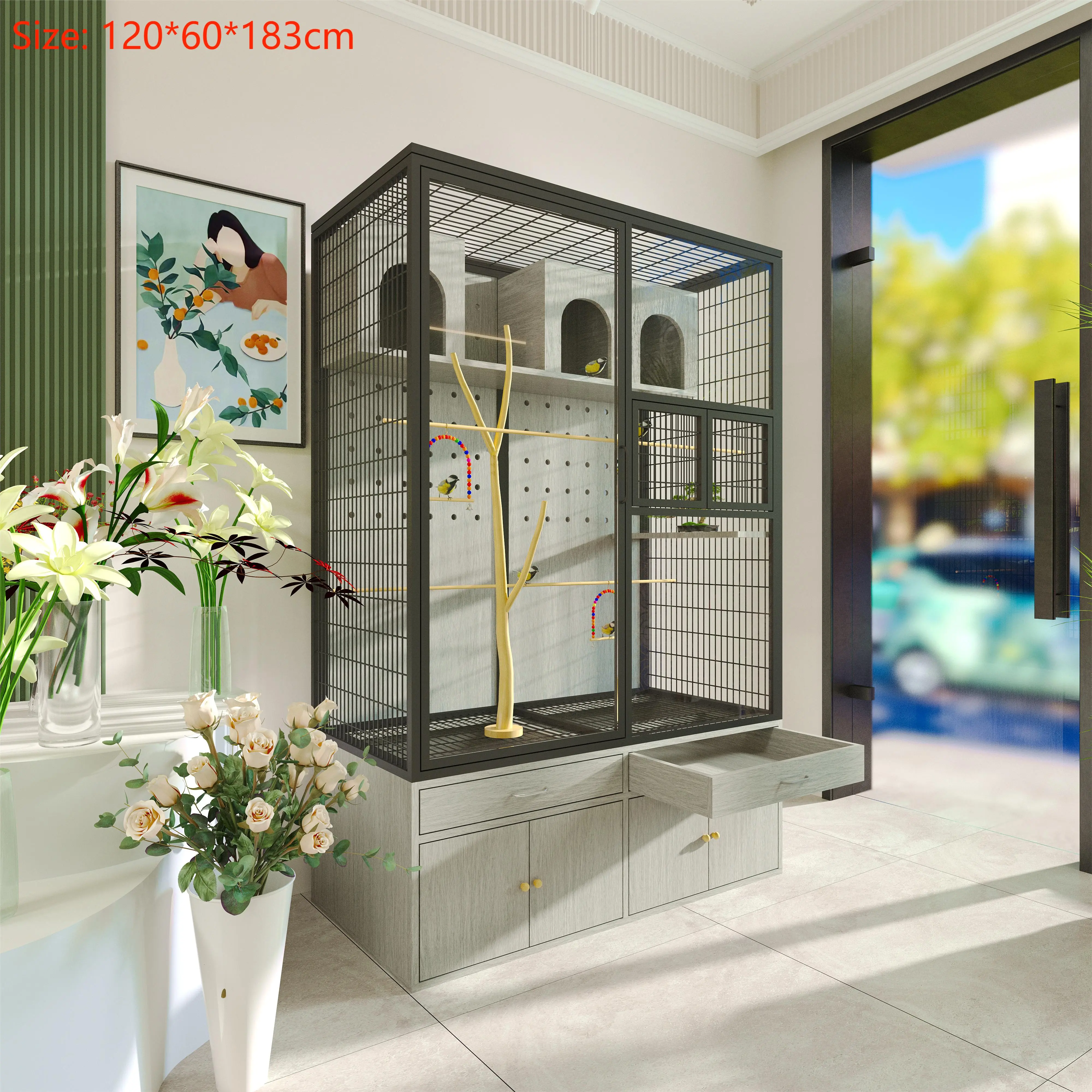 Customize Displaying Transparent Glass Parrot Standing  Nest Breeding Birds Parrot Cage House Luxury Large Bird Cage