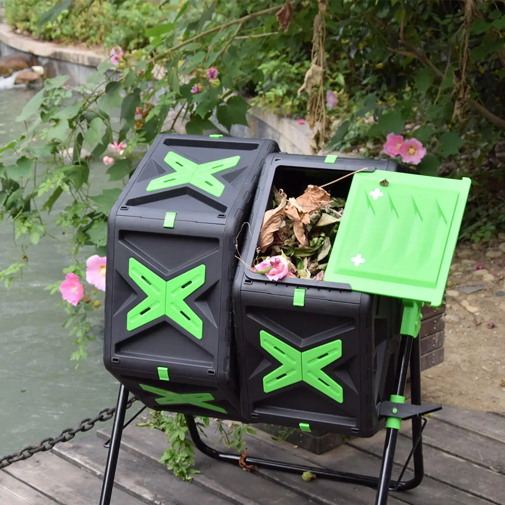 Easily Assembled 35 Gallons Rotating Batch Compost Bin Outdoor Large Garden Dual Chamber Compost Tumbler