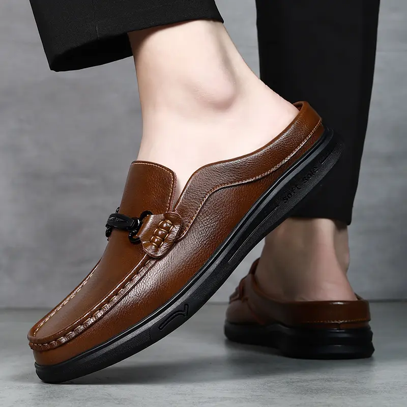 Fashion Half Drag Casual Leather Mules Slippers Men Leisure Walk Sandals Outdoor Beach Slides Shoes Elegantes Man Business Shoes