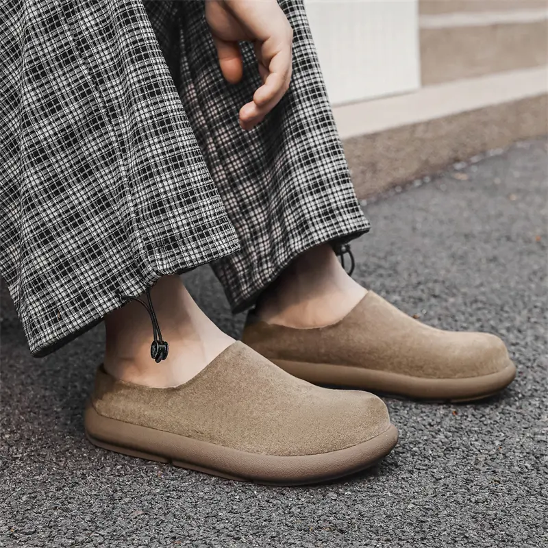 Fashion Male Slippers Outdoor Suede Slip on Flats Versatile Casual Leather Muller Shoes Leisure Walk Half Drag Loafers Sandals