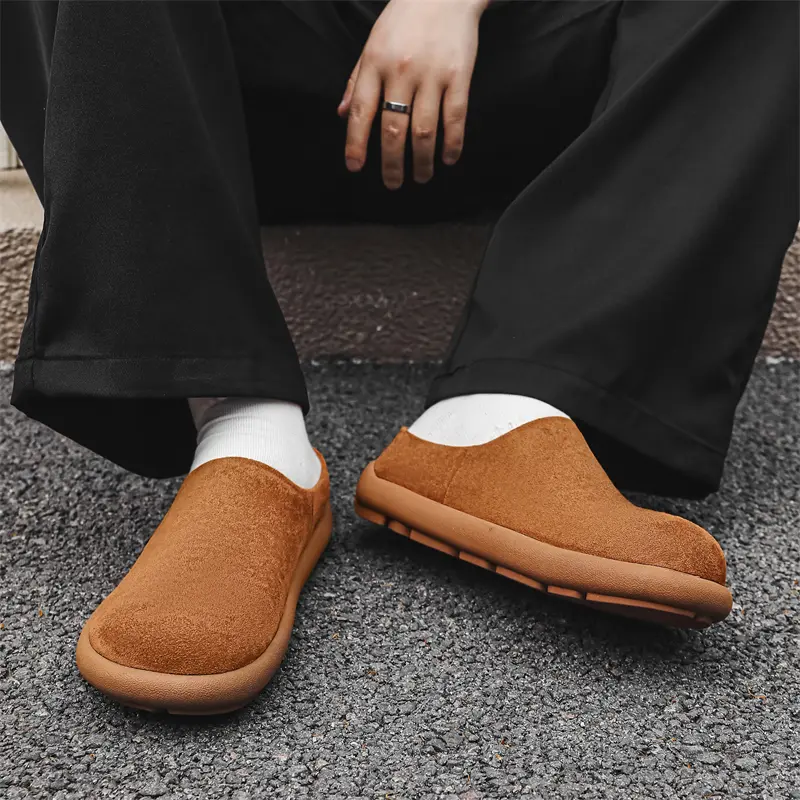 Fashion Male Slippers Outdoor Suede Slip on Flats Versatile Casual Leather Muller Shoes Leisure Walk Half Drag Loafers Sandals
