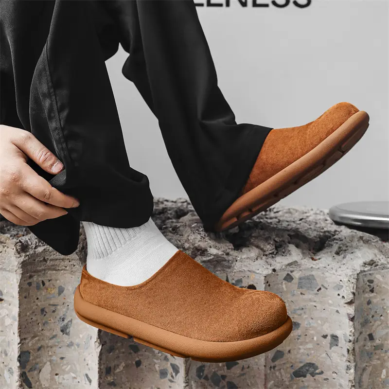 Fashion Male Slippers Outdoor Suede Slip on Flats Versatile Casual Leather Muller Shoes Leisure Walk Half Drag Loafers Sandals
