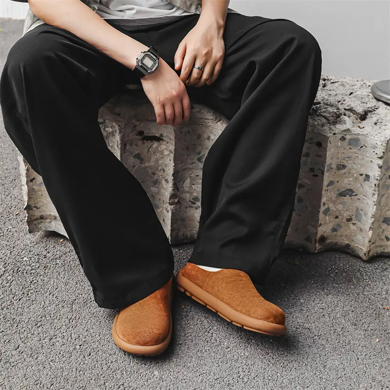 Fashion Male Slippers Outdoor Suede Slip on Flats Versatile Casual Leather Muller Shoes Leisure Walk Half Drag Loafers Sandals