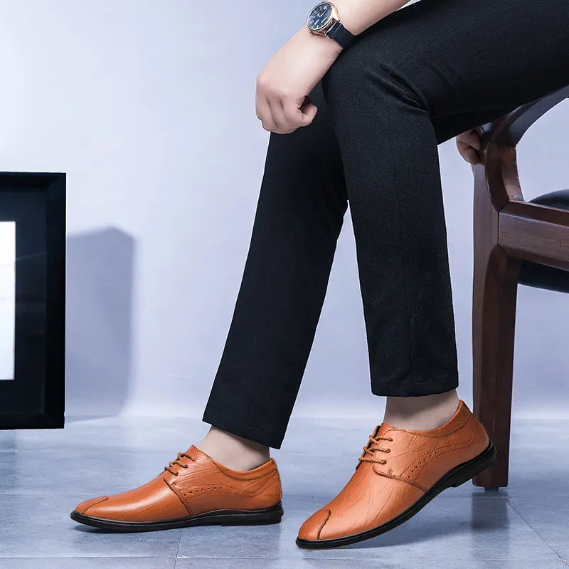 Genuine Leather Men's Business Casual Shoes Lace Up Walking Shoes Male Comfortable Office Footwear All-match Male Oxfords Flats