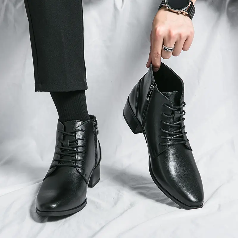 Pointed Toe Men Shoe New Male High Heels Ankle Boots Genuine Leather Men Casual Pointed Toe Shoes Side Zipper Men  Boots